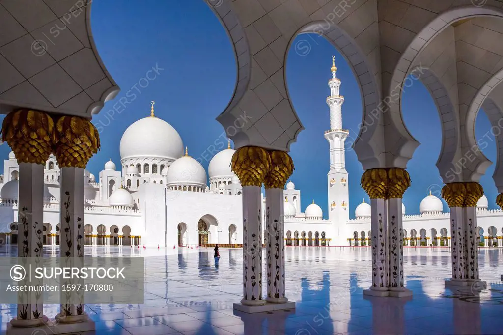 United Arab Emirates, UAE, Middle East, Abu Dhabi, City, Sheikh Zayed, Mosque, Mosque, Zayed, architecture, columns, dome, golden, Islam, marble, mina...