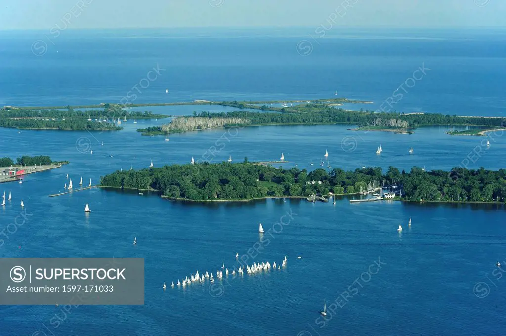 Canada, Great Lakes of USA, United States, America, North America, Ontario, Toronto, Toronto Island Park, Travel, Trees, aerial view, boats, calm, day...