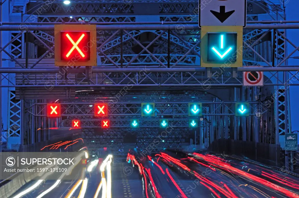 Pont Jacques Cartiert, Montreal, Quebec, Canada, bridge, traffic, lights, signs, driving, green light, headlights, horizontal, lanes, lights, motion b...