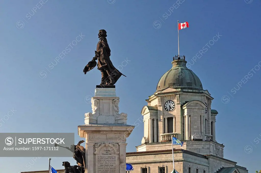 Canada, Canadian, Flag, Old Town, Quebec, Quebec City, Sculpture, Statue, Statue, Samuel, Champlain, breeze, historical, history, horizontal, summer