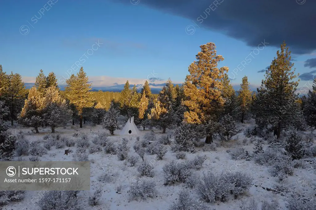 Tipi, indian, winter, snow, landscape, Mount Bachelor, Cascades, mountains, Pacific northwest, High desert, Central Oregon, USA, United States, Americ...