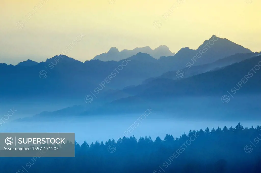 Alps, view, mountain, mountain panorama, mountains, mountain panorama, trees, dusk, twilight, mountains, Glarus Alps, autumn, autumn mood, sky, massif...