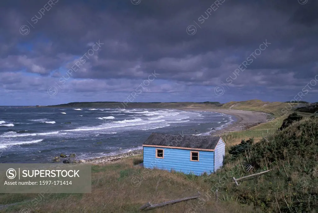 Broom Point, Gros Morne, National Park, Newfoundland, Canada, storm, clouds, stormy, wind, rain, ocean, sea blue, house, shack,