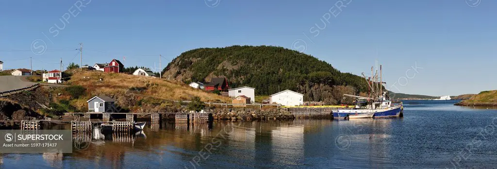 Fishing boat, shacks, inlet, rocky, cove, Little Harbor, Newfoundland, Canada, harbour,