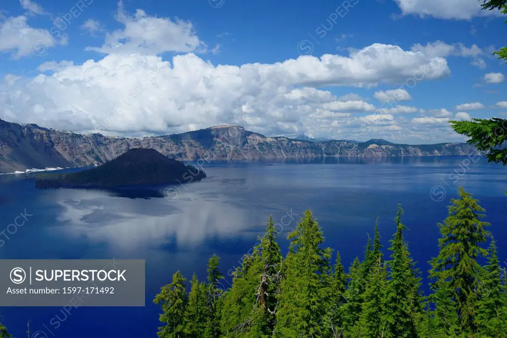 Pacific Northwest, Cascade Mountains, Oregon, USA, United States, America, Crater Lake, National Park, Wizard Island, blue, rim, volcanic, landscape
