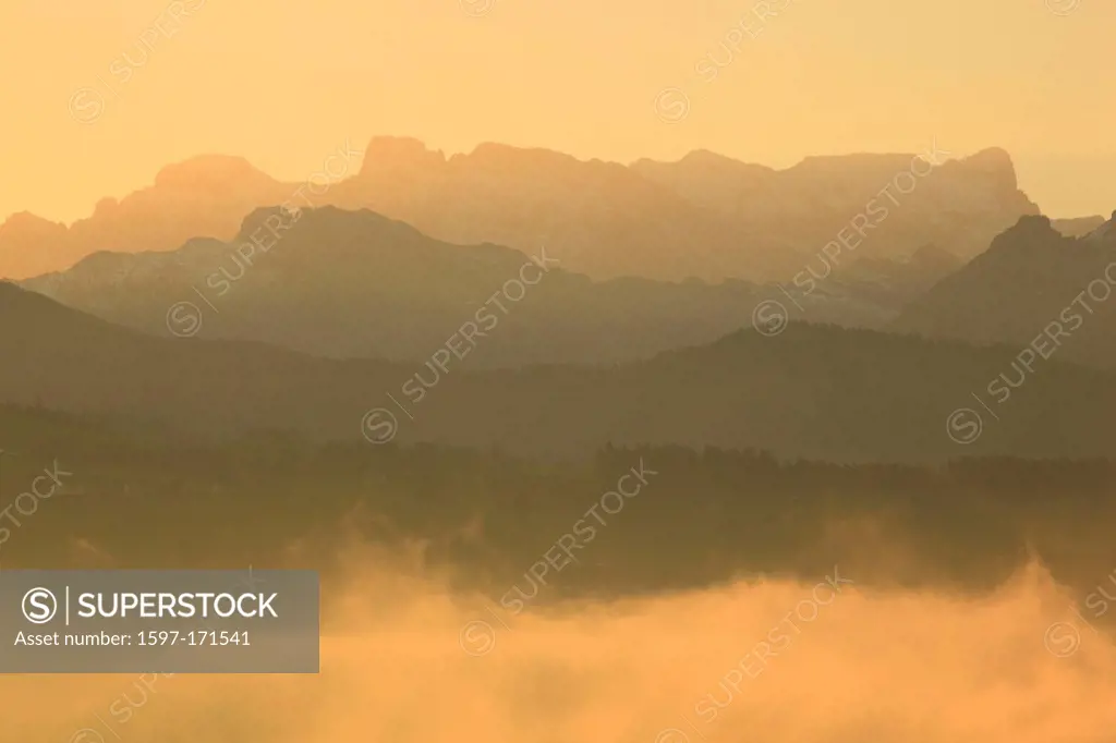 Alps, view, mountain, mountain panorama, mountains, mountain panorama, trees, mountains, Glarus Alps, Glärnisch, autumn, sky, massif, fog, fog patches...