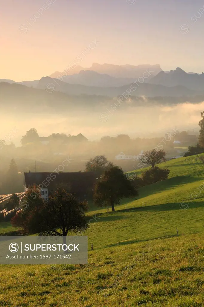 Alps, view, farm, farmhouse, mountain, mountain panorama, mountains, mountain panorama, trees, mountains, Glarus Alps, Glärnisch, autumn, sky, agricul...
