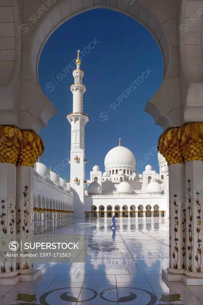 United Arab Emirates, UAE, Middle East, Abu Dhabi, City, Sheikh Zayed, Mosque, Mosque, Zayed, architecture, columns, dome, golden, Islam, marble, mina...