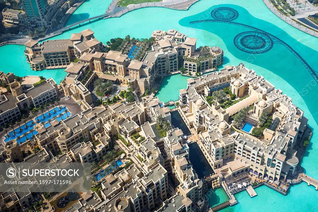United Arab Emirates, UAE, Dubai, City, Burj Khalifa, Lake, Palace Hotel, aerial, architecture, center, contrast, downtown, futuristic, hotel, huge, l...
