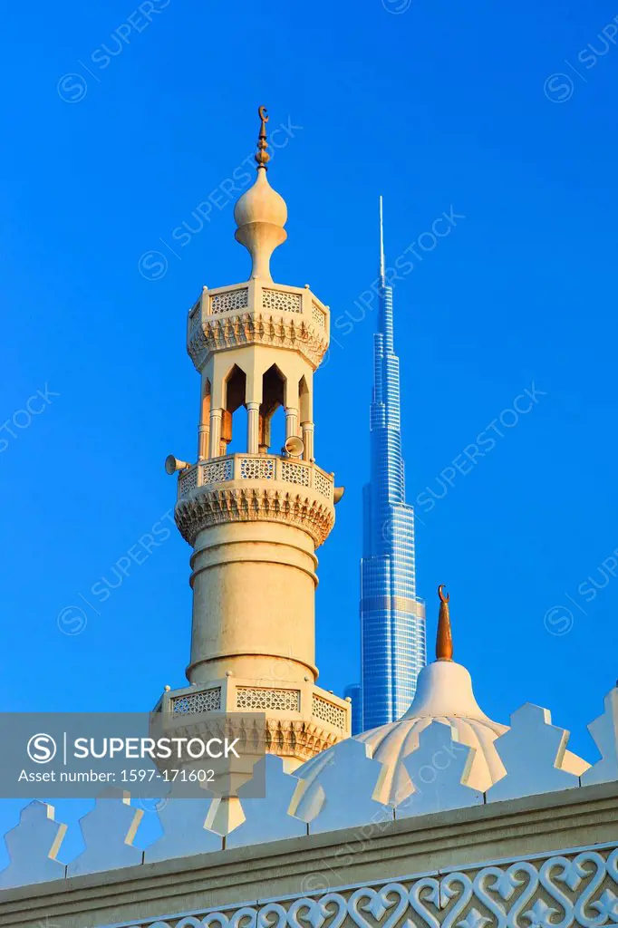 United Arab Emirates, UAE, Dubai, City, downtown, Minaret and Burj Khalifa, Building, building, Burj, Khalifa, architecture, contrast, downtown, futur...