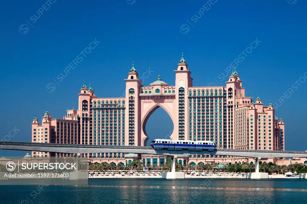 United Arab Emirates, UAE, Dubai, City, Jumeirah, Palm Jumeirah, Atlantis, Building, arch, Atlantis, beach, famous, hotel, palm, reflection, resort, s...