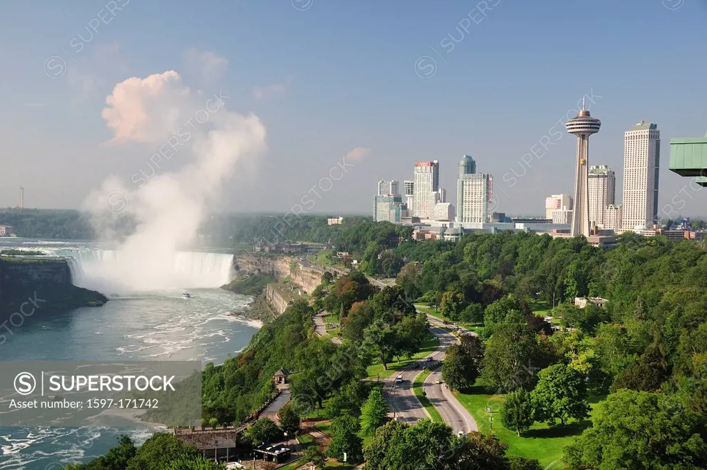 Canada, Niagara Falls, water, Ontario, aerial, aerial view, cityscape, giant falls, hilton niagra falls tower, mist, waterfall, fall