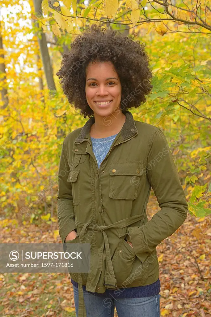 USA, United States, America, North America, East Coast, New England, Vermont, girl, afro, woman, black, african american, young, fall, foliage, cabin,...