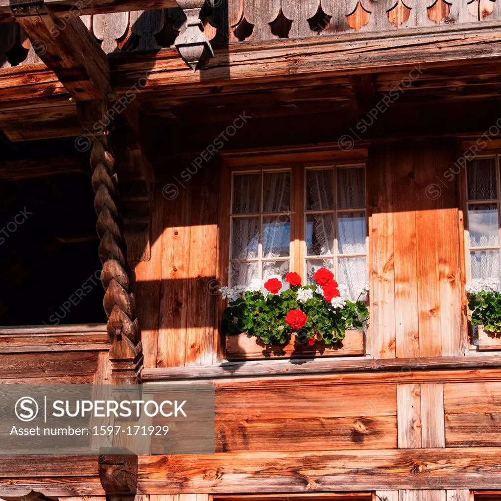 Farmhouse, farm, floral, decoration, Emmental, window, geraniums, house, home, court, yard, timber house, canton Bern, Bern, reeds, Switzerland, Europ...