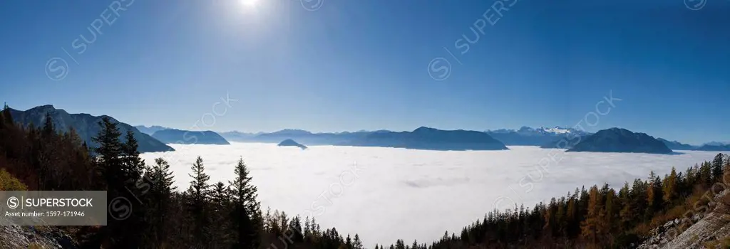 sea of fog, sun, mountains, autumn, Ausseerland, Styria, Austria, sea of fog, Auseerland, loose