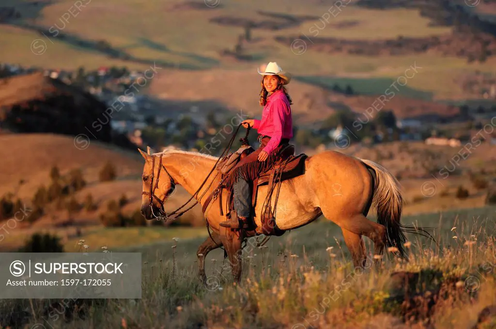 Pacific Northwest, American West, Oregon, USA, United States, America, cowgirl, girl, woman, smile, portrait, hat, horse, friends, Fossil, hill, hilly...