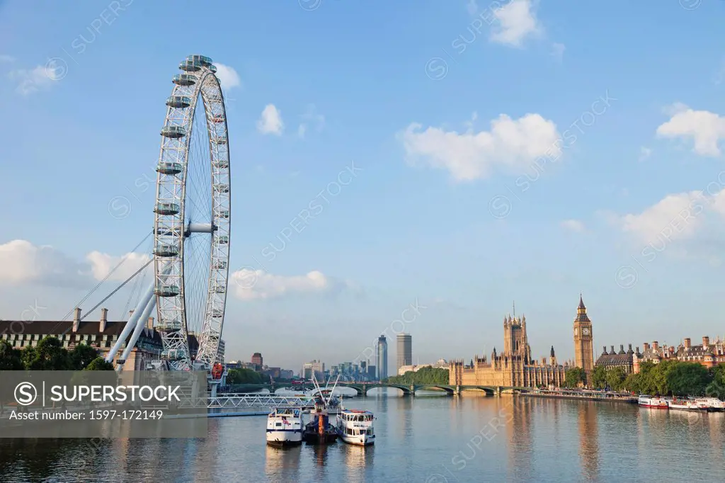 England, London, London Eye and Houses of Parliament