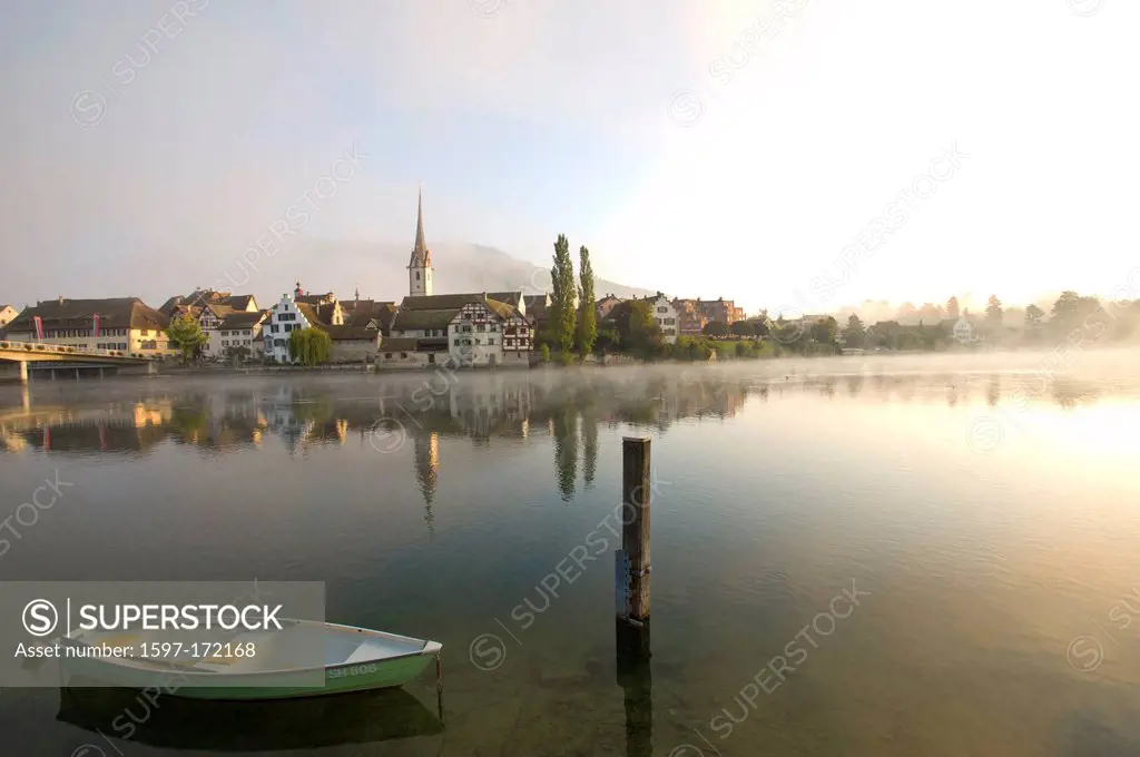 Switzerland, Europe, Schaffhausen, Stein am Rhein, Rhine, river, fog, smoke, mood, boat