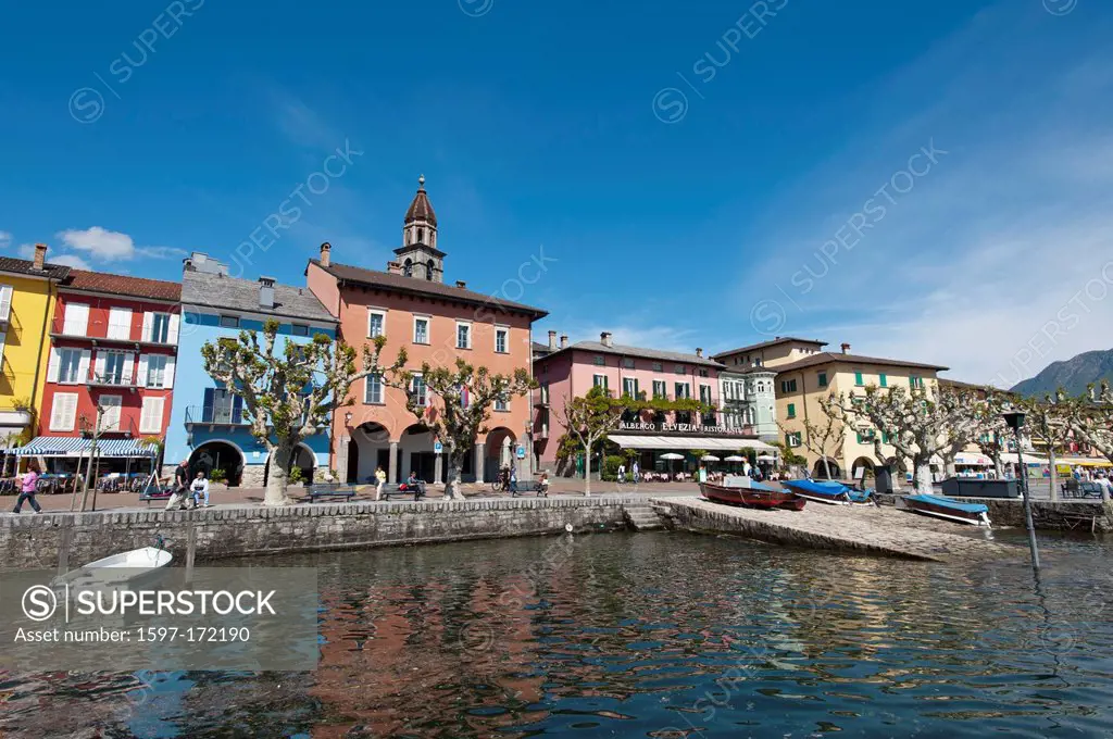 Switzerland, Europe, Ticino, Ascona, Lago Maggiore, lake, harbour, port, houses, homes,