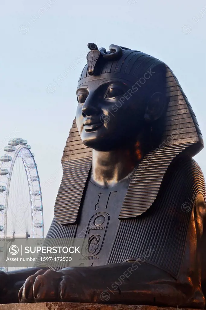 England, London, Victoria Embankment, Sphinx Statue and London Eye