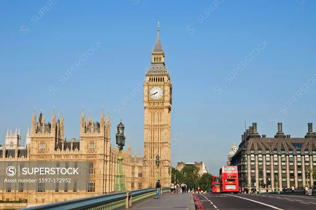 England, London, Westminster, Big Ben and Westminster Bridge
