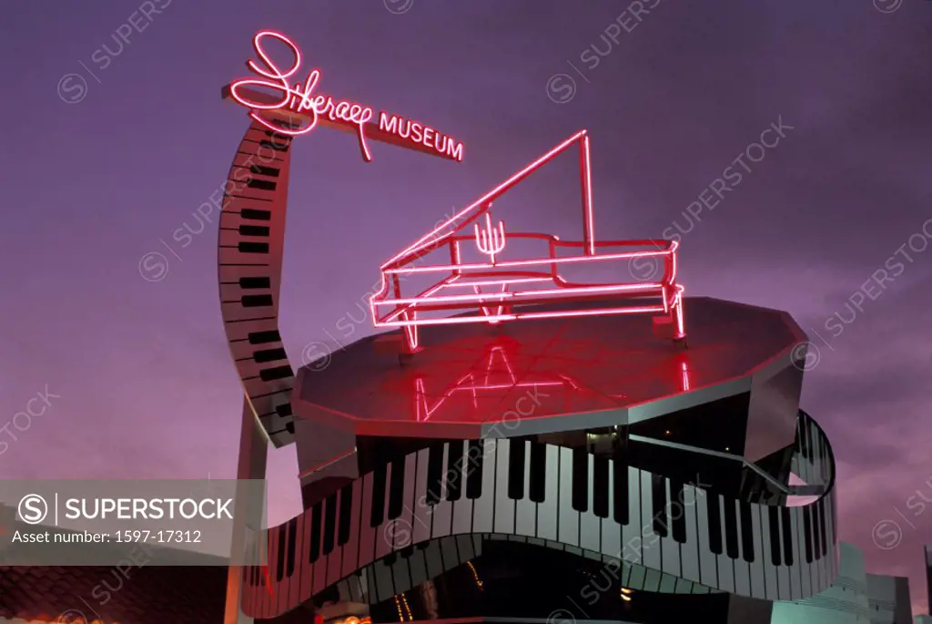 Las Vegas, Liberace Museum, dusk, Nevada, USA, America, United States, detail, night, neon sign, sign, advertising