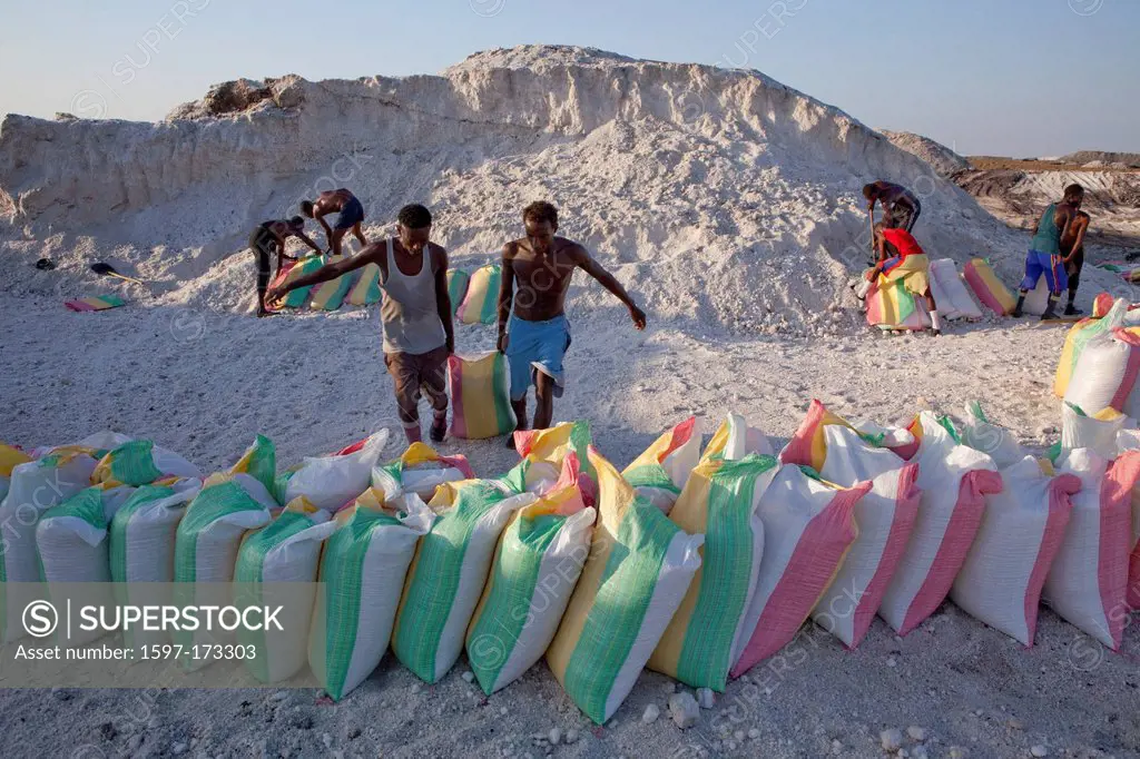 Salt production, saltwork, Afrera, lake, Africa, salt, Ethiopia, worker, bags