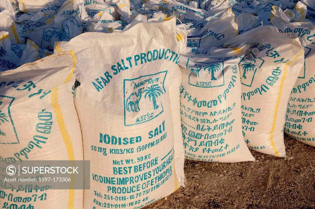 Salt production, saltwork, Afrera, lake, Africa, salt, Ethiopia, bags