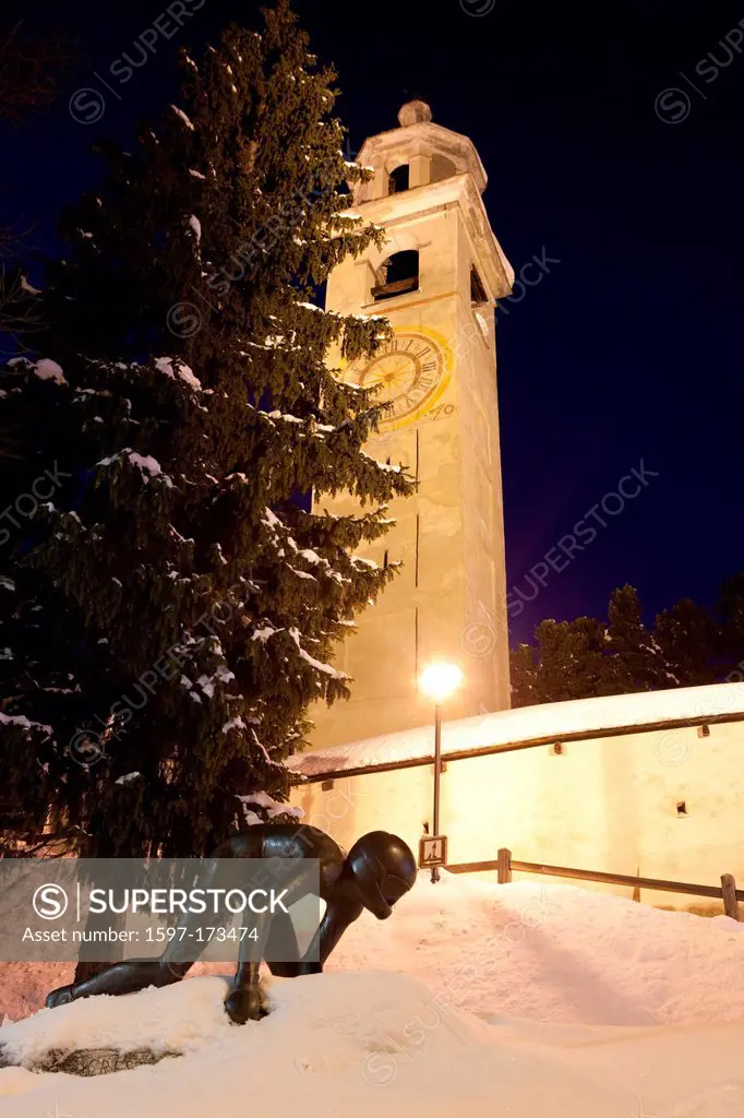Saint Moritz, skew tower, rook, tower, church, religion, town, city, winter, canton, GR, Graubünden, Grisons, Engadin, Engadine, Oberengadin, Skeleton...