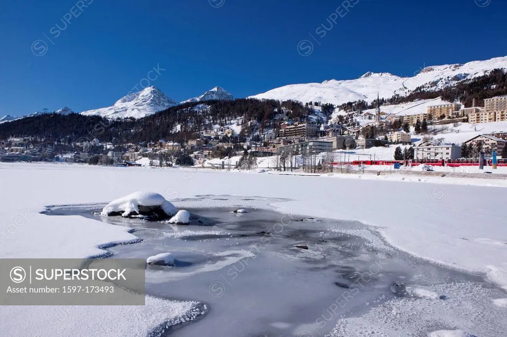 Saint Moritz, lake, winter, canton, GR, Graubünden, Grisons, Engadin, Engadine, Oberengadin, footpath, Switzerland, Europe, Saint Moritz, frozen,