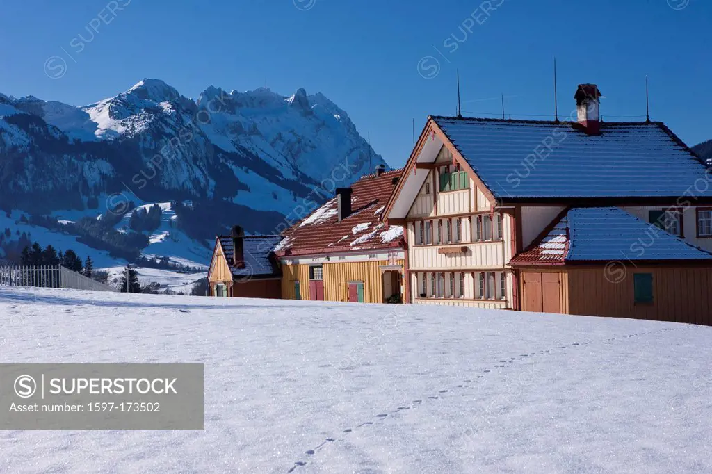 Farm, Säntis, winter, mountain, mountains, agriculture, canton, Appenzell, Innerroden, Appenzell area, Alpstein, Switzerland, Europe, farmhouse, Stein...