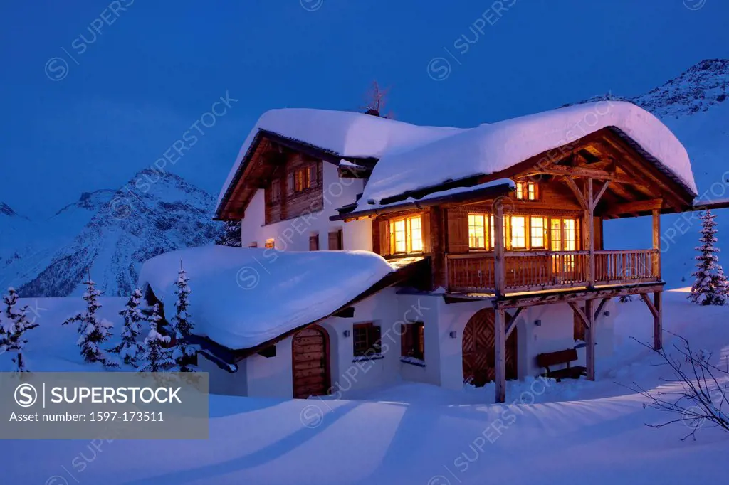 Summer cottage, Innerarosa, mountain, mountains, catering, restaurant, hotel, hut, mountain house, alpine hut, night, dark, winter, canton, GR, Graubü...