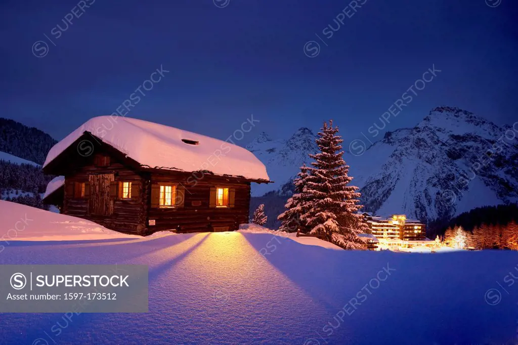 Summer cottage, Innerarosa, mountain, mountains, catering, restaurant, hotel, hut, mountain house, alpine hut, night, dark, winter, canton, GR, Graubü...
