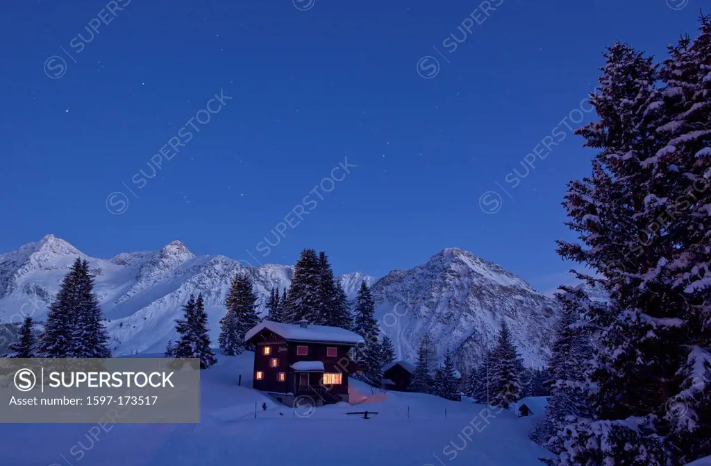 Summer cottage, Arosa, mountain, mountains, catering, restaurant, hotel, hut, mountain house, alpine hut, night, dark, winter, canton, GR, Graubünden,...