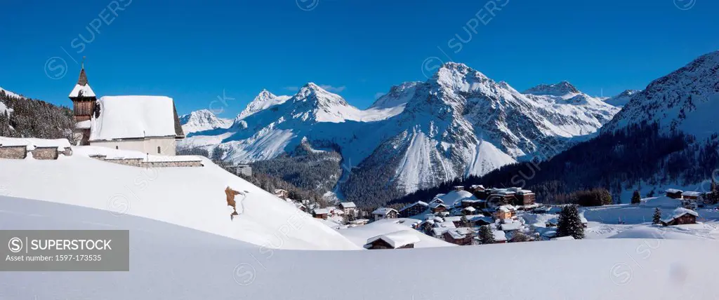 Mountain chapels, Innerarosa, panorama, mountain, mountains, winter, canton, GR, Graubünden, Grisons, church, religion, Switzerland, Europe, Arosa