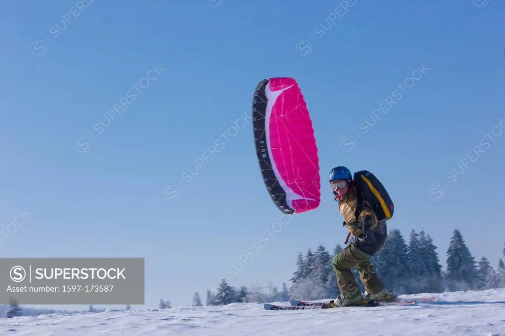 Snowkite, Kite Skiing, ski, snow kiting, Jura, winter, canton, JU, Jura, winter sports, Switzerland, Europe, Saignelegier
