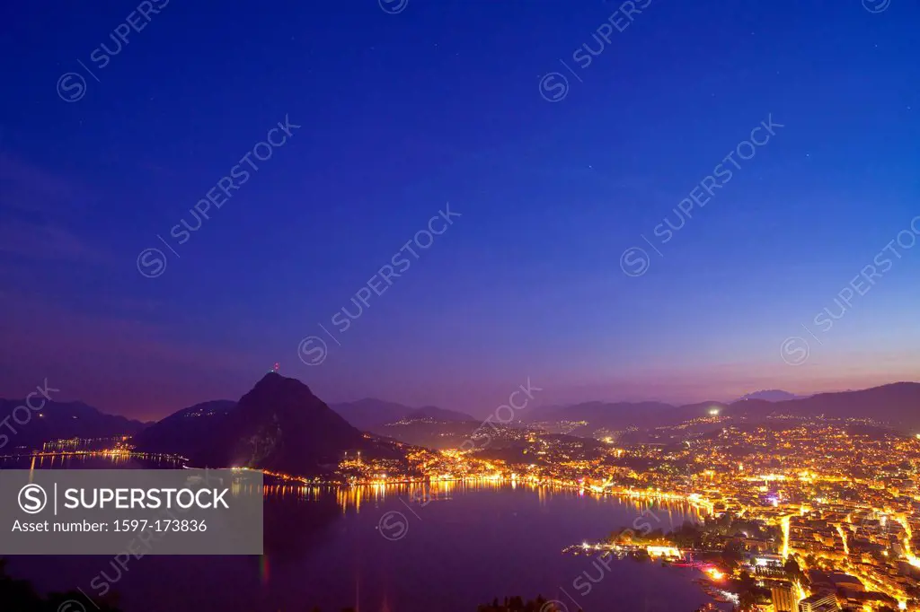Lugano, Monte, San Salvatore, at night, canton, TI, Ticino, South Switzerland, town, city, lake, lakes, night, dark, Switzerland, Europe, lights