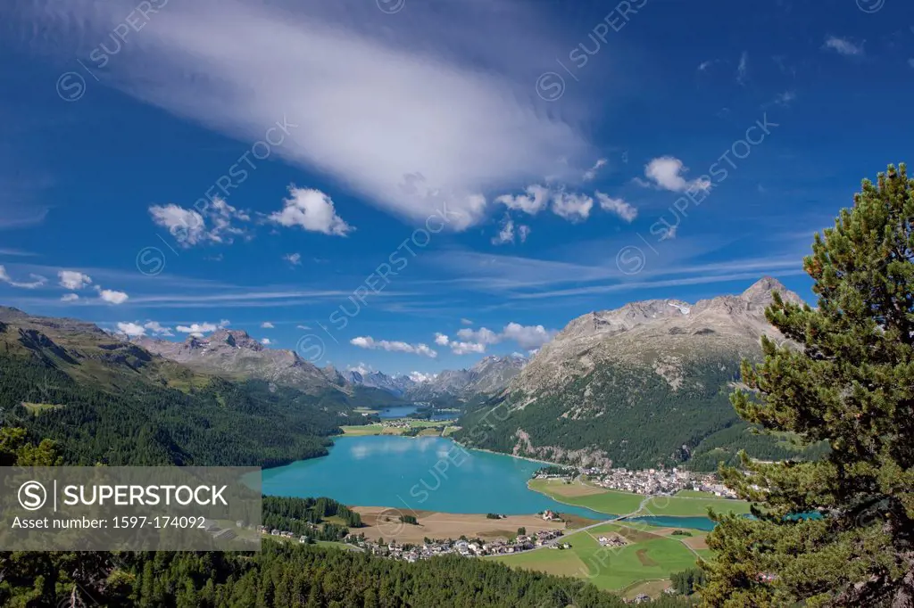 Silvaplanersee, Oberengadin, panorama, mountain lake, lake, lakes, canton, GR, Graubünden, Grisons, Engadin, Engadine, Oberengadin, Switzerland, Europ...