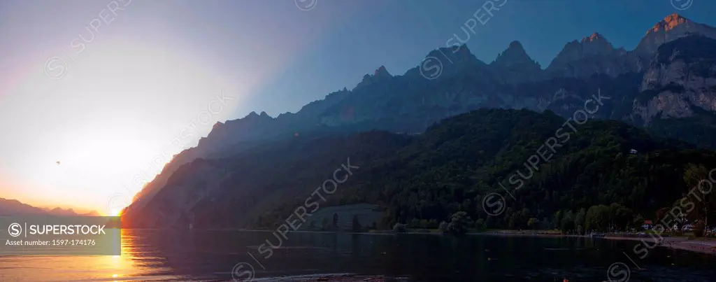 sundown, sunset, Walensee, mountain, mountains, lake, lakes, sundown, sunset, canton, SG, St. Gallen, Switzerland, Europe, panorama