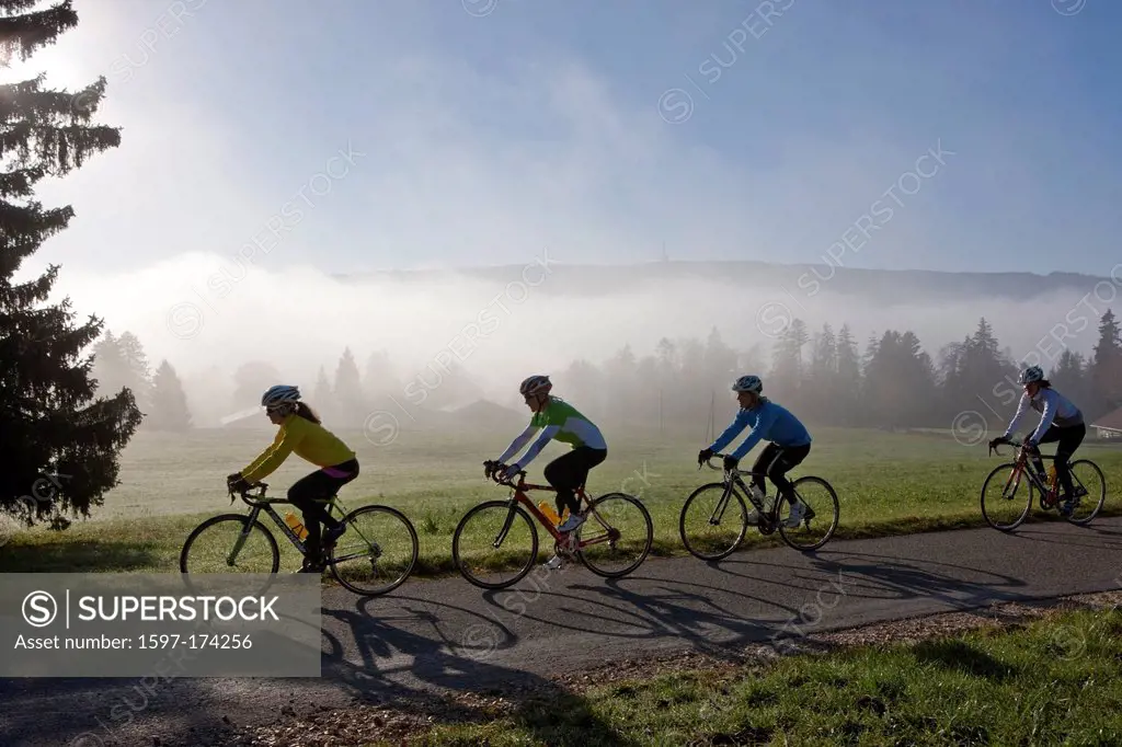 Cyclist, biker, Mont Crosin, Chasseral, agriculture, fog, sea of fog, fog, canton, Bern, JU, Jura, autumn, bicycle, bicycles, bike, riding a bicycle, ...