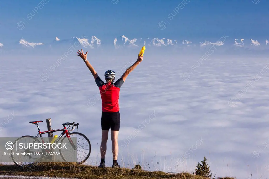 Cyclist, biker, Chasseral, Alps, sea of fog, autumn, bicycle, bicycles, bike, riding a bicycle, canton, Bern, JU, Jura, Alps, fogs, sea of fog, fog, S...
