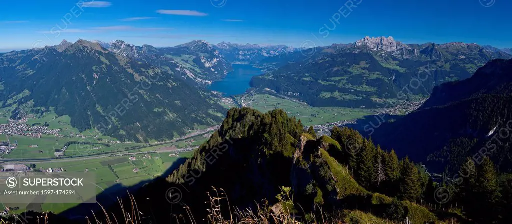 Hirzli, Walensee, Linthebene, mountain, mountains, lake, lakes, canton, GL, Glarus, SG, St. Gallen, panorama, Switzerland, Europe,