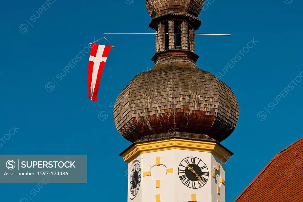 Germany, Europe, Bavaria, Upper Bavaria, Chiemgau, Grassau, Rottau, church, Saint Michael, Michael, faith, religion, onion tower, flag