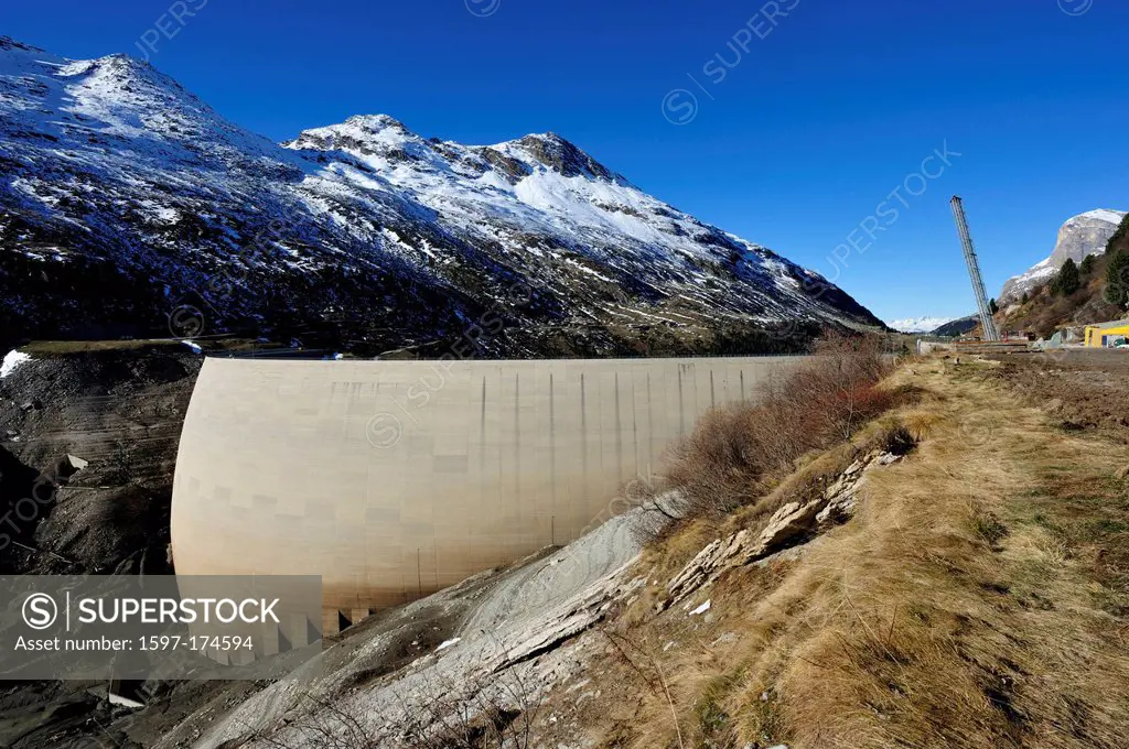 Concret dam, catchment basin, work site, Valle di Lei, Alps, mountains, Piz dil Crot, Canton, Grisons, Switzerland, Italie