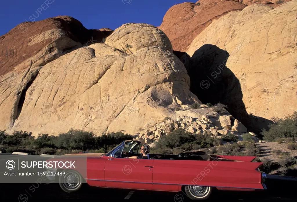 1962 Pink Cadillac Convertible, woman, cabriolet, car, vintage car, driving, Fully Released, Nevada, Red Rock Canyon