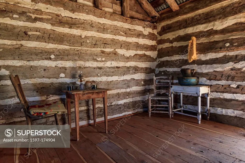 Independence, interior, log cabin, wooden, hut, Seward, Plantation, Texas, USA, United States, America,