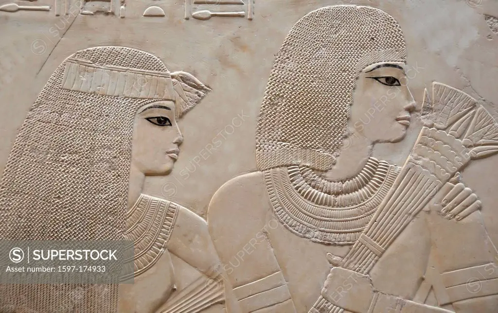 Portrait of beautiful young couple in the Tomb of Ramose in the ancient egyptian necropolis of the nobles at thebes near Luxor, Egypt