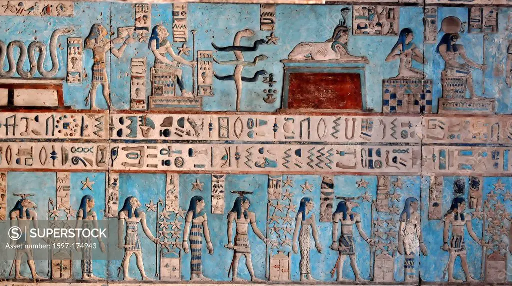 stunning colours in the painted bas_relief zodiak sequence of the ancient Egyptian fertility and love temple of the goddess Hathor at Dendera, in Egyp...