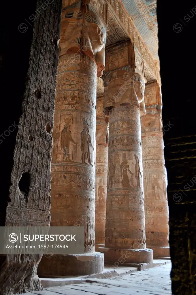 the great hypostyle hall at the ancient Egyptian fertility and love temple of the goddess Hathor at Dendera, in Egypt