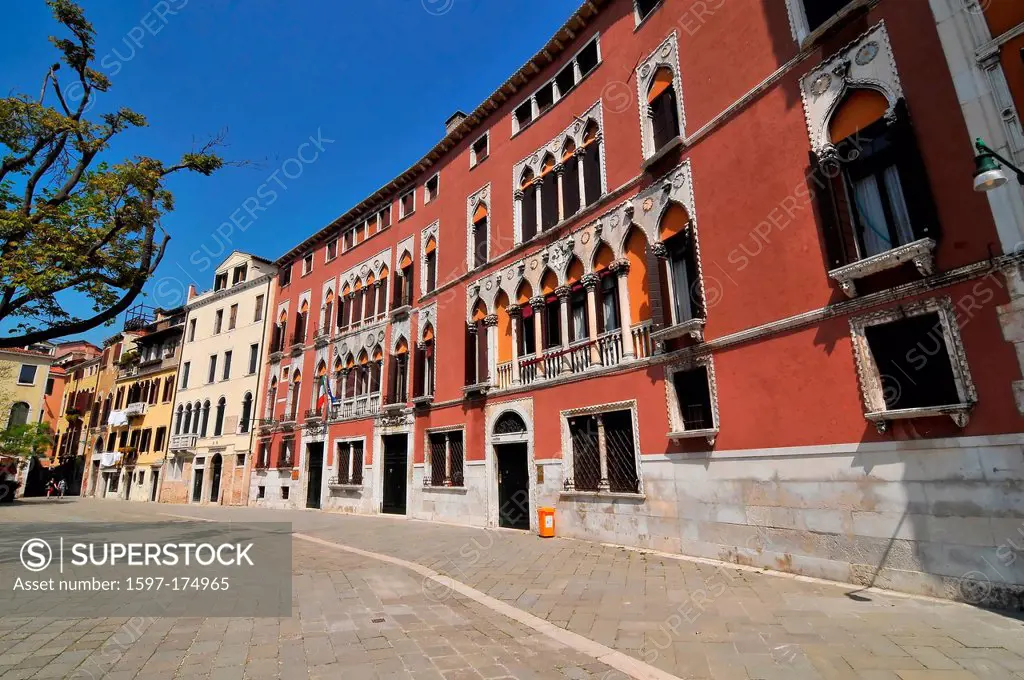 The famous Palazzo Soranzo in the Campo San Polo, Venice refered to by Ruskin as Venetian gothic. Home of the Soranzo doge. The line of the paved over...